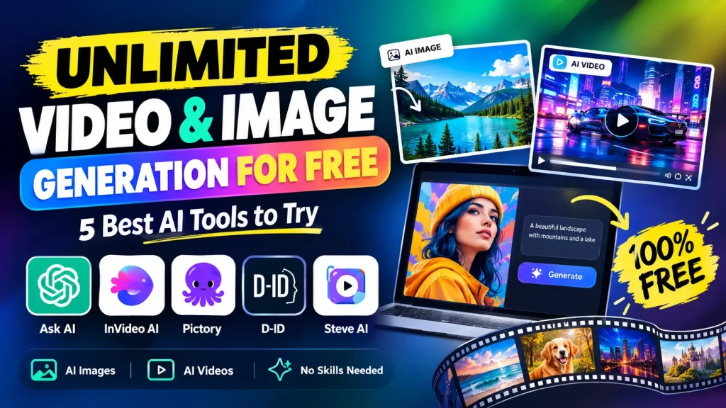 Discover 5 AI tools for free video and image generation. Compare Ask AI, InVideo AI, Pictory, D-ID and Steve AI and learn how to create AI content for free.